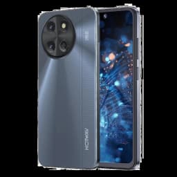 Hotwav Note 18 Pro preto com módulo de câmara circular triplo, ecrã HD+ 7,2 com orifício central, laterais metálicas e acabamento brilhante estriado