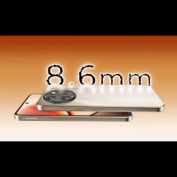Smartphone preto fino 8,6 mm com ecrã HD+ de 7,2, módulo de câmara redondo triplo, bordas douradas e design elegante minimalista