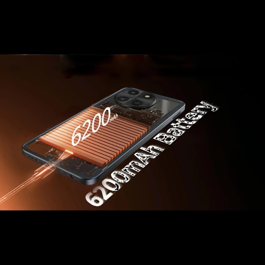 Bateria de 6200 mAh em destaque com módulo de câmara tripla traseira; design preto robusto e componentes internos visíveis iluminados por feixe laranja