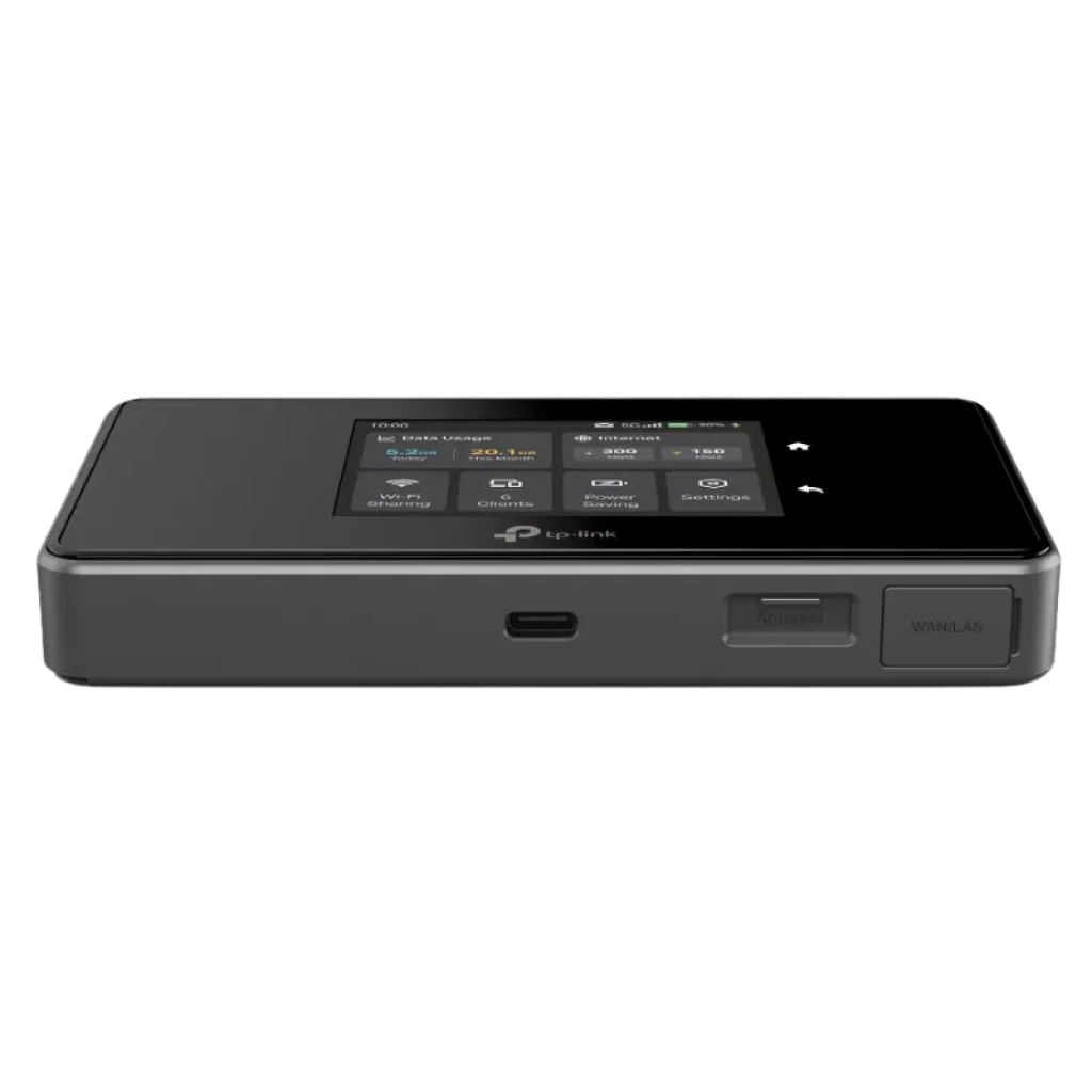 TP-LINK M8550 5G WiFi 6E portable noir avec écran tactile couleur, icônes d'état, boutons latéraux et fente - Ítem2