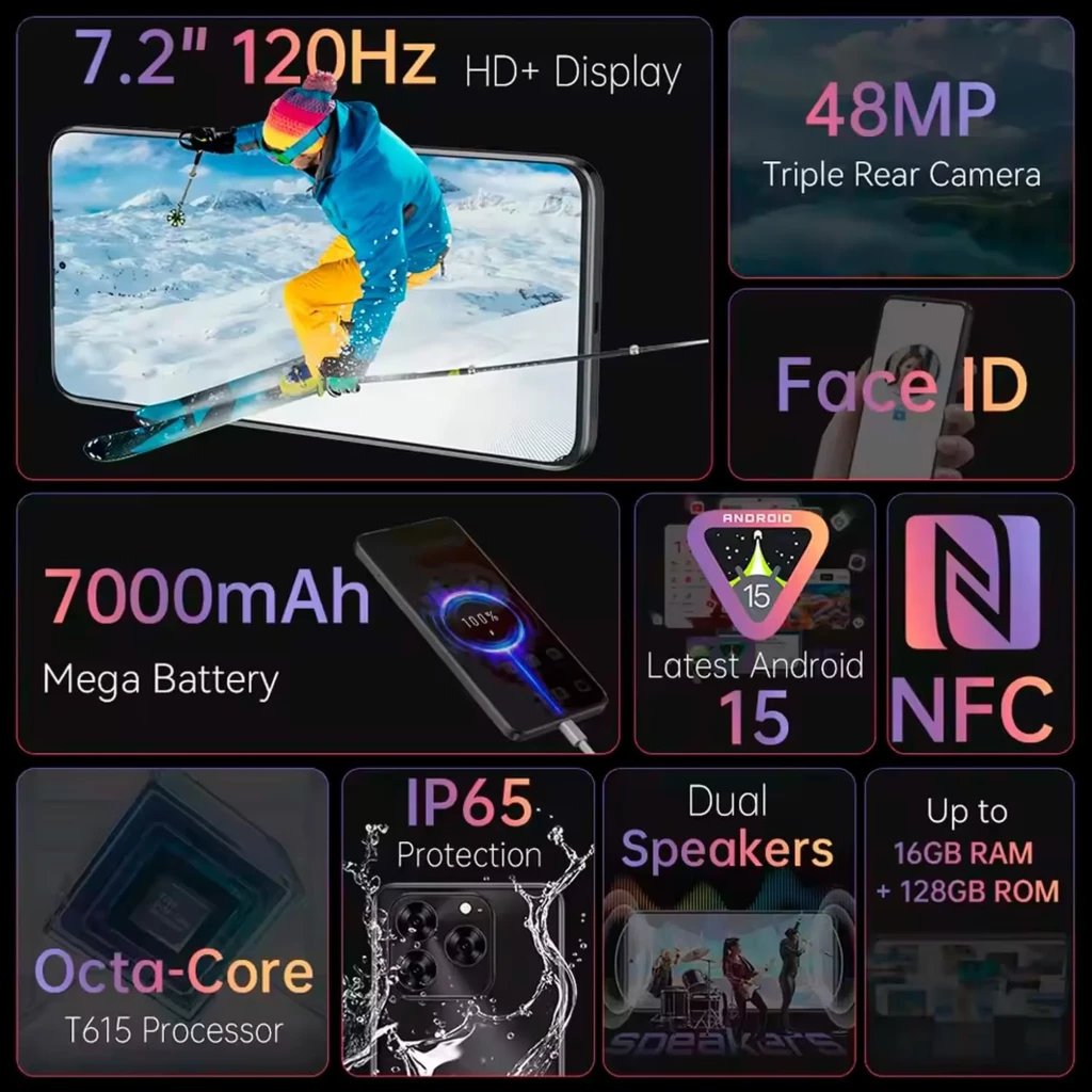 Smartphone preto com ecrã amplo de 7,2 polegadas, câmara traseira tripla com módulos grandes, design fino e frontal com furo central para a câmara - Item5