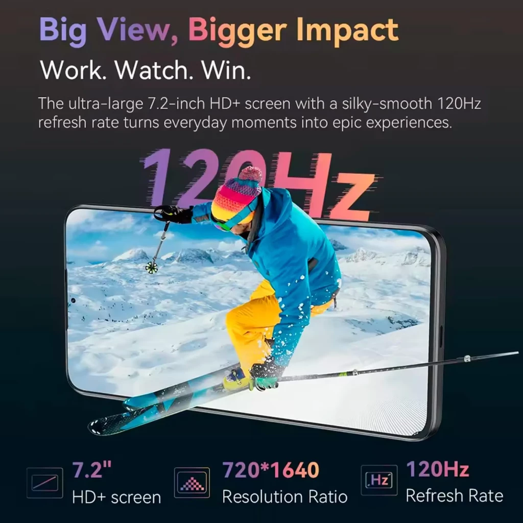 Smartphone preto com ecrã amplo de 7,2 polegadas, câmara traseira tripla com módulos grandes, design fino e frontal com furo central para a câmara - Item6