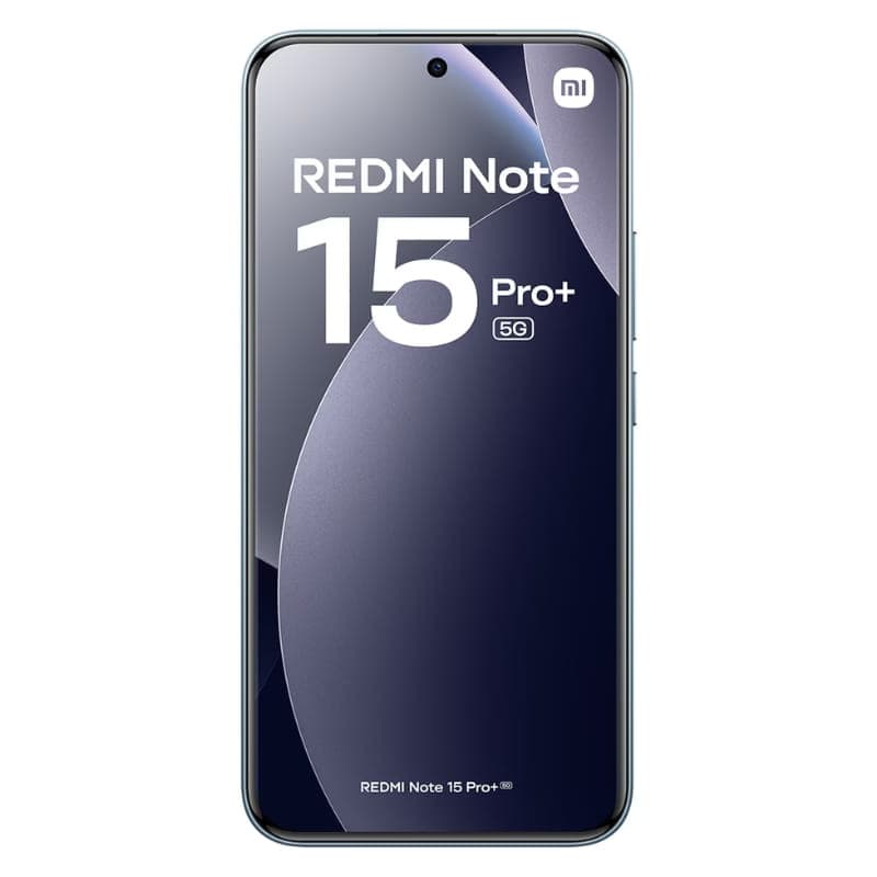 Xiaomi Redmi Note 15 Pro+ bleu, écran bord à bord avec poinçon central, bords fins, marquage 5G et logo Mi en haut, design élégant et moderne