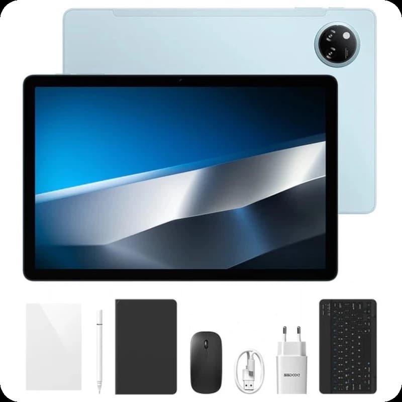 Doogee Tab A9 Pro+ 11 pouces bleu avec grand écran bord fin, caméra arrière circulaire, stylet, clavier sans fil, souris, chargeur et housse inclus