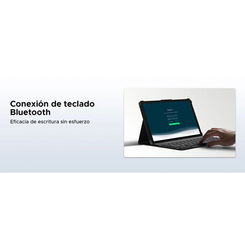 Clavier Bluetooth pour Doogee Tab A9 Pro+ 11 pouces, étui support noir, saisie fluide et stable, couleur bleu de la tablette visible à l écran