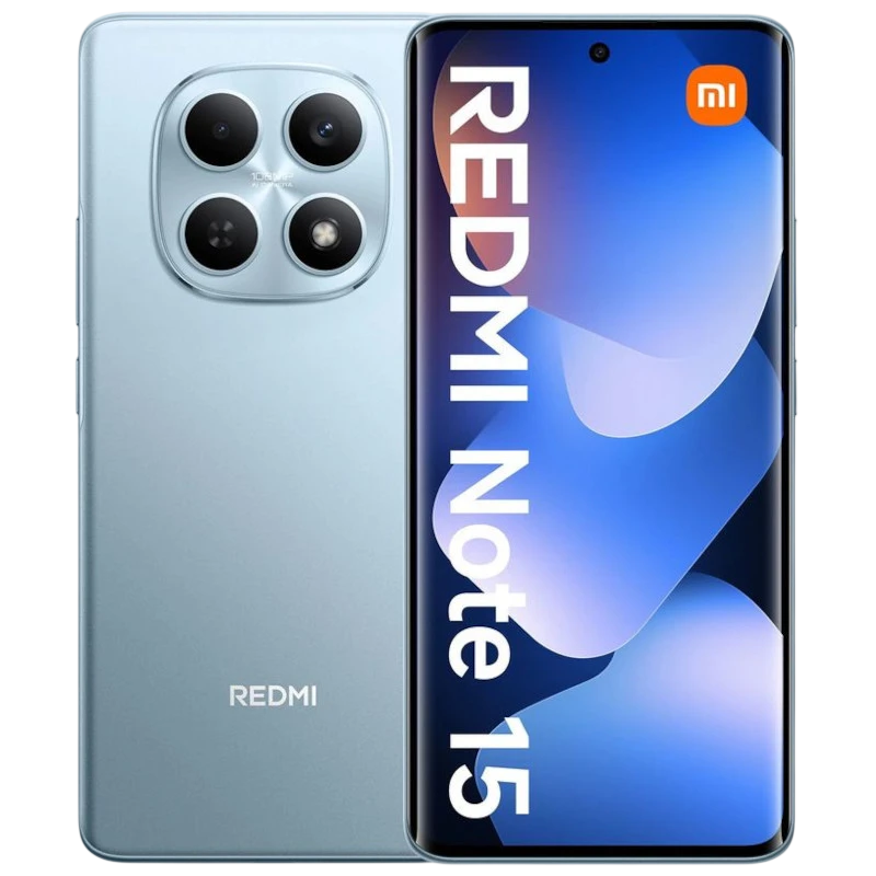 Xiaomi Redmi Note 15 4G azul con pantalla curva casi sin marcos, cámara trasera cuádruple en módulo redondo, frontal con agujero central, 8GB RAM 256GB - Ítem