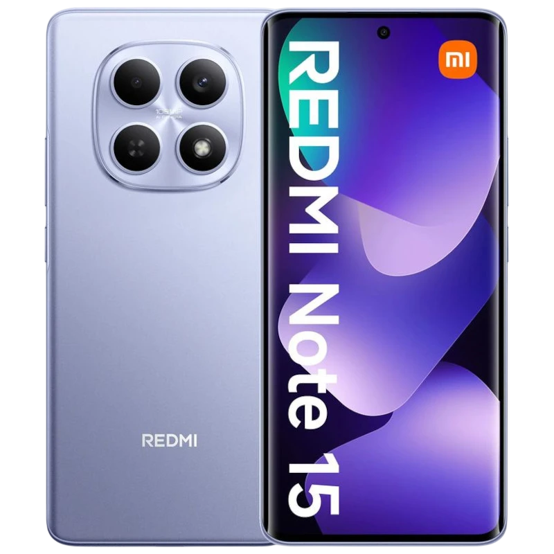 Xiaomi Redmi Note 15 4G lilás com tela ampla bordas finas, furo central para câmera e módulo traseiro quadrado com quatro lentes; 8GB RAM e 256GB - Item