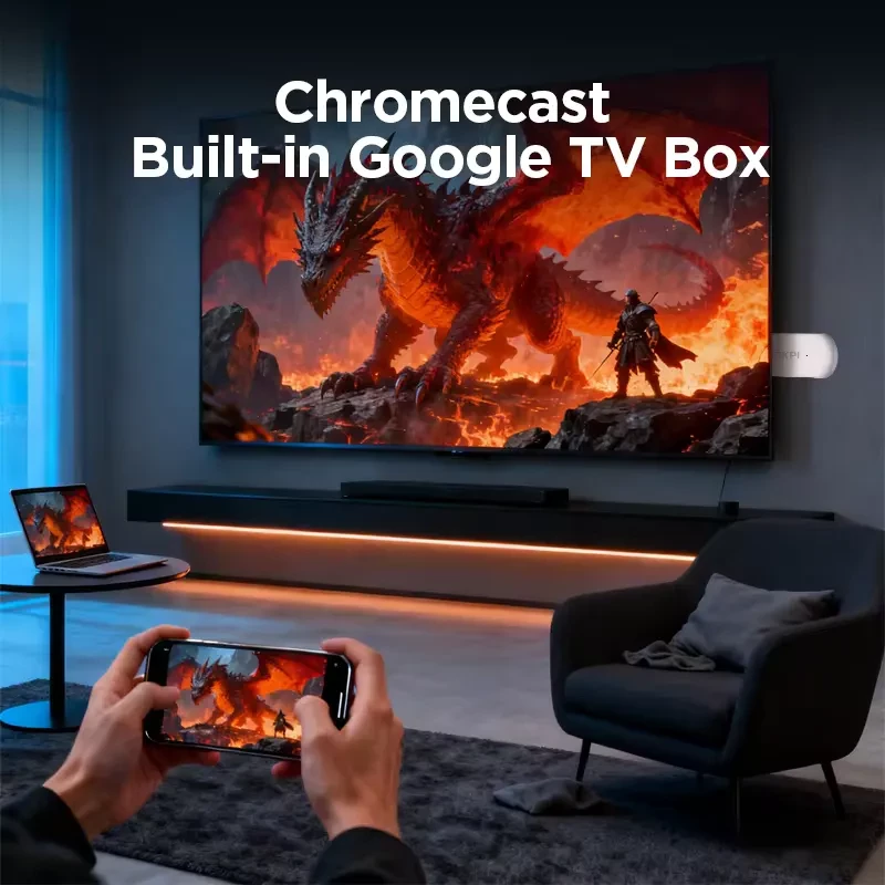 Clé TV Android blanche avec logo KICKPI et télécommande assortie: USB-C, bouton Google Assistant, touches YouTube, Netflix, Prime Video et contrôle volume - Ítem2