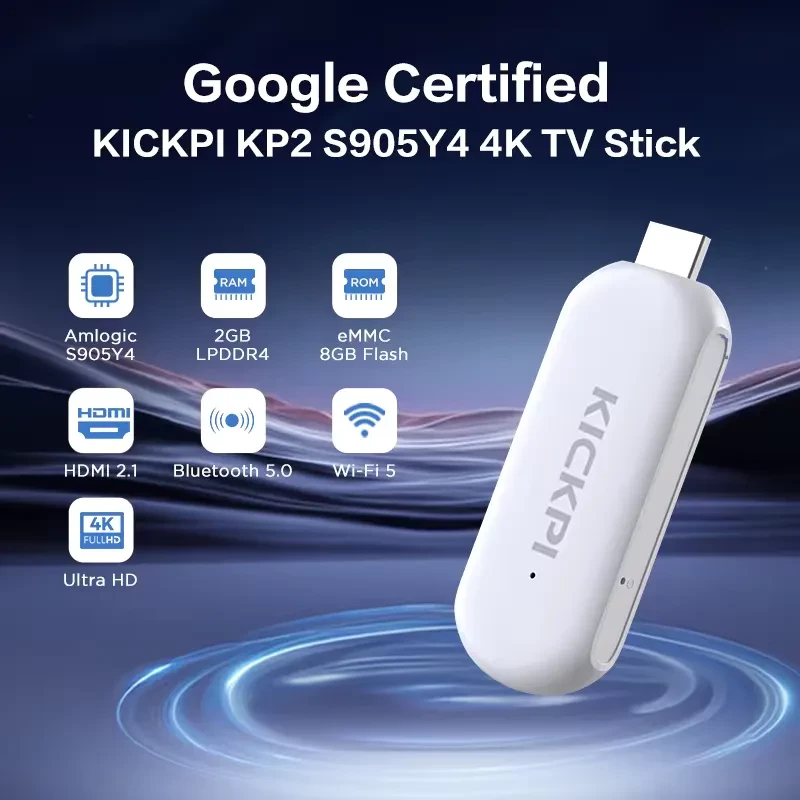 Clé TV Android blanche avec logo KICKPI et télécommande assortie: USB-C, bouton Google Assistant, touches YouTube, Netflix, Prime Video et contrôle volume - Ítem1