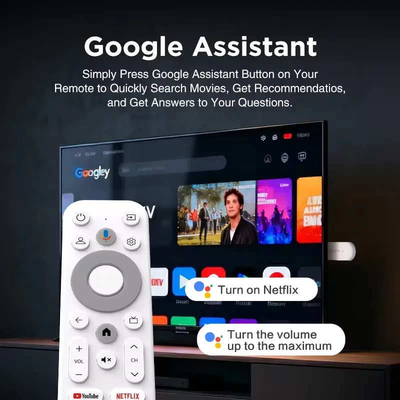 Clé TV Android blanche avec logo KICKPI et télécommande assortie: USB-C, bouton Google Assistant, touches YouTube, Netflix, Prime Video et contrôle volume - Ítem4