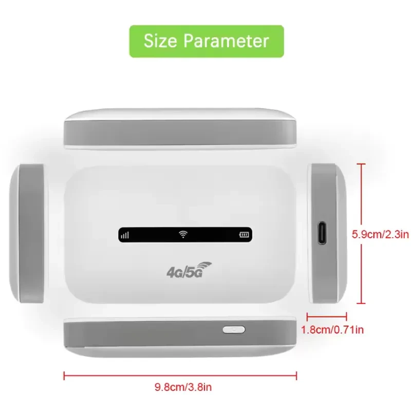 Routeur portable M6 blanc, boîtier compact avec bandeau noir LED pour signal, WiFi et batterie, port USB‑C latéral, marquage 4G 5G, coins arrondis - Ítem4