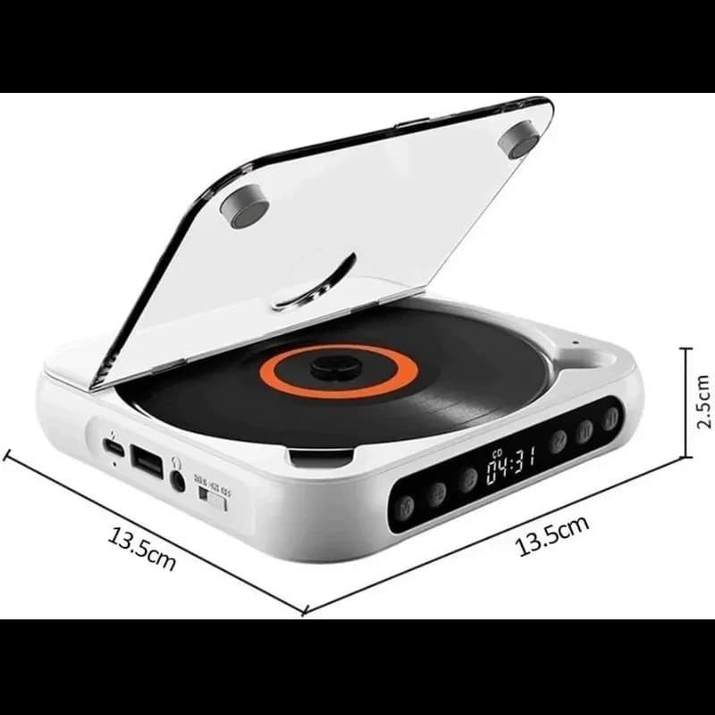 KC-918 leitor de CD portátil branco com tampa transparente, display digital, botões frontais, porta USB e entrada AUX; design compacto 13,5 x 13,5 x 2,5 cm
