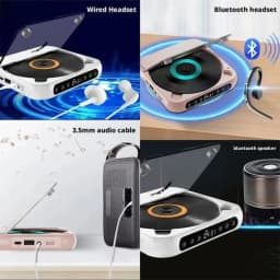 KC-918 leitor de CD portátil branco com tampa transparente, display LED, porta USB, entrada 3,5 mm, suporte a fones com fio e Bluetooth, alto-falante externo