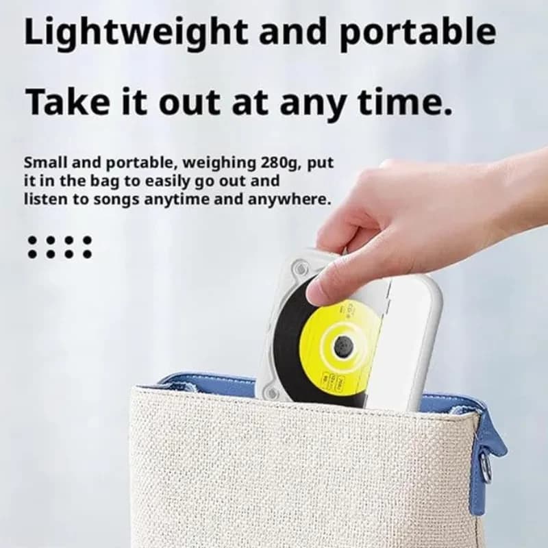 KC-918 Leitor de CD portátil estéreo Bluetooth Preto, compacto e leve, tampa branca com disco amarelo, cabe na bolsa para ouvir música em qualquer lugar