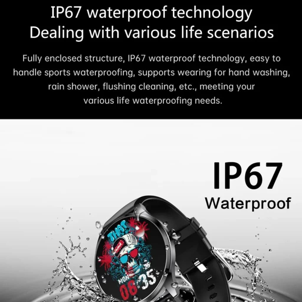 TN99 Smartwatch plata con correa negra de cuero, pantalla circular a color y resistencia al agua IP67, ideal para uso diario y deportivo