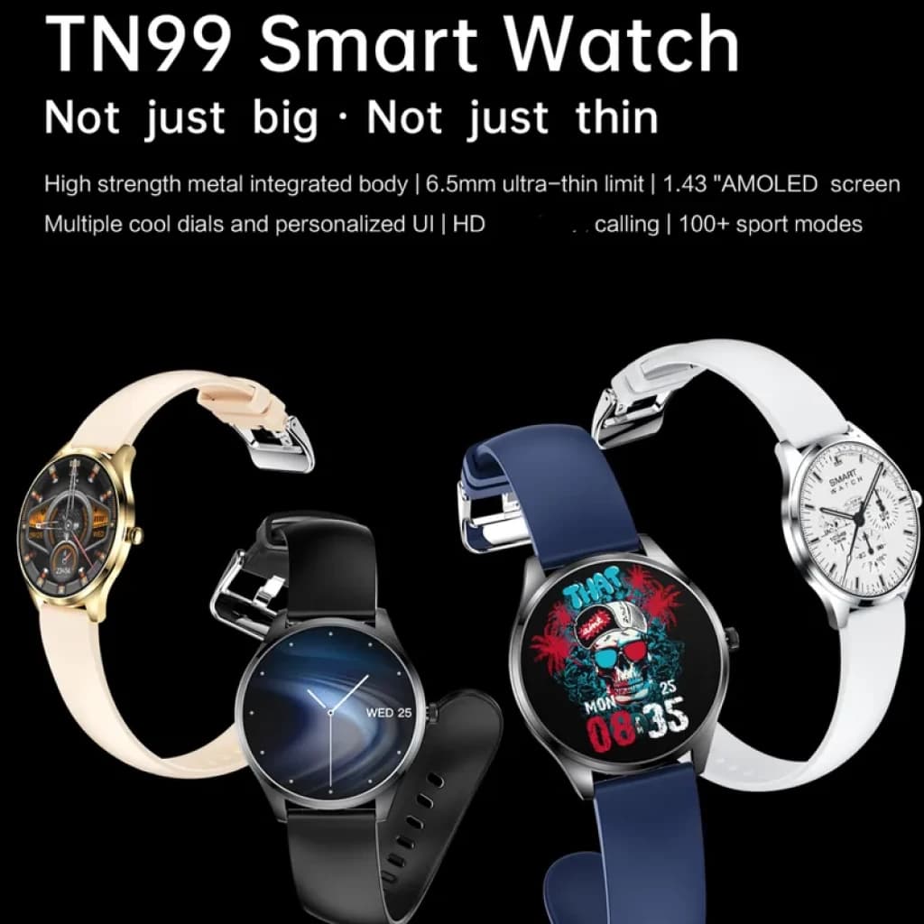 TN99 Smartwatch plata con correa de cuero negra, pantalla AMOLED 1.43, cuerpo metálico ultradelgado 6.5 mm, esferas personalizables y más de 100 modos