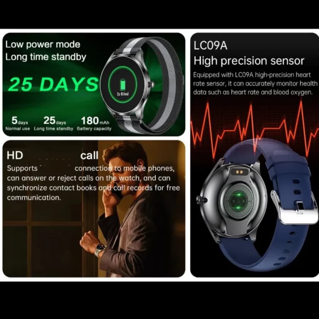TN99 Smartwatch plata con correa de cuero negro; pantalla HD, sensor LC09A de alta precisión, monitoreo cardíaco, llamadas y autonomía de hasta 25 días