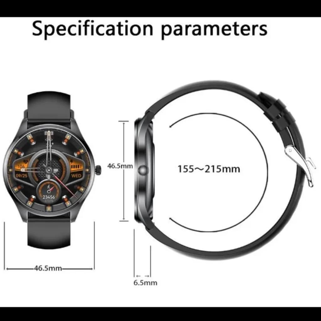 TN99 Smartwatch plata con correa de cuero negro, esfera redonda deportiva, pantalla con indicadores naranjas, botones laterales y medidas 46.5 x 46.5 x 6.5 mm