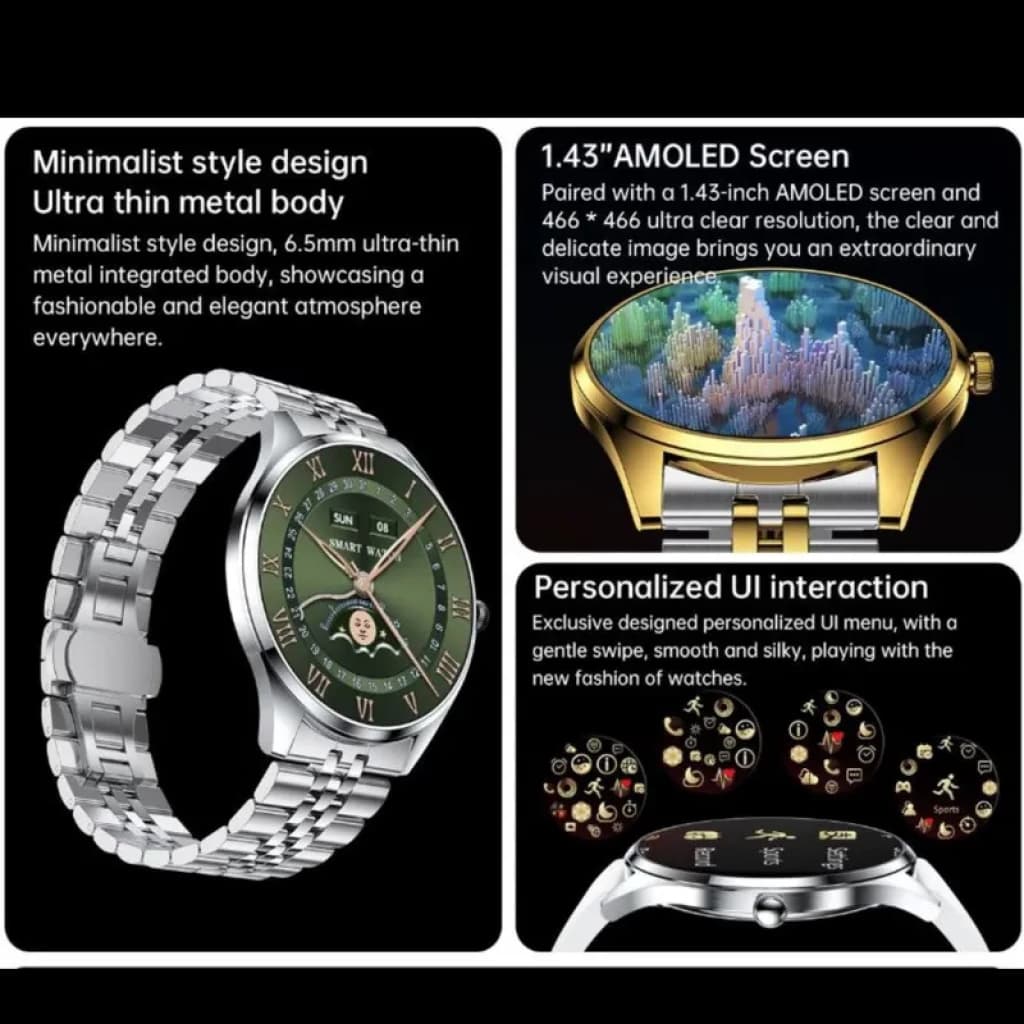 TN99 Smartwatch plata con correa de cuero negro, pantalla AMOLED 1.43 pulgada, bisel metálico ultradelgado y esferas personalizables en estilo clásico
