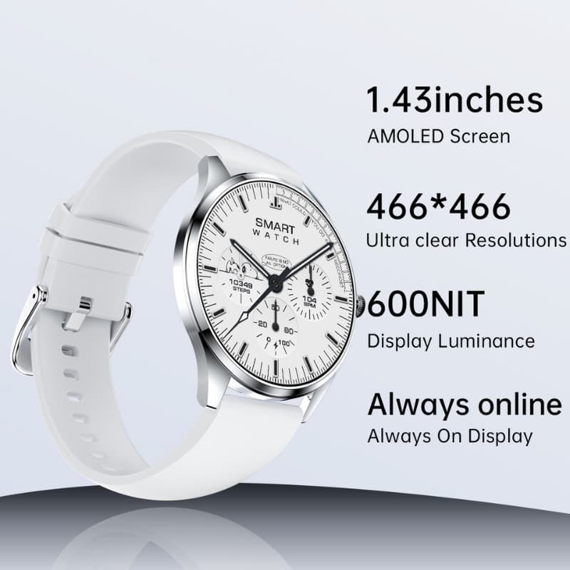 TN99 Smartwatch con correa milanesa negra, pantalla AMOLED 1,43 pulgadas 466x466, brillo 600 nits, bisel metálico plateado y modo Always On Display