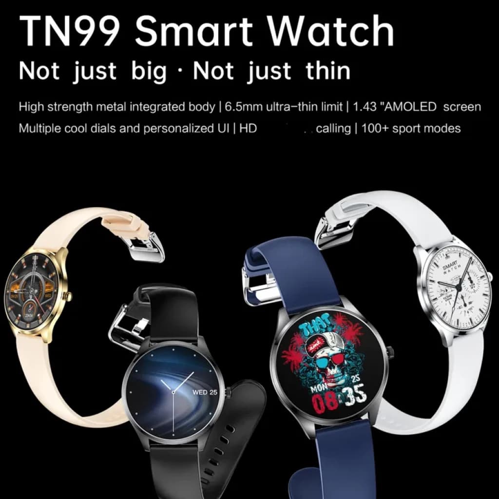 TN99 Smartwatch avec bracelet milanais rouge/bleu, boîtier métal fin, écran AMOLED 1,43 pouces, multiples cadrans, appels Bluetooth, plus de 100 sports