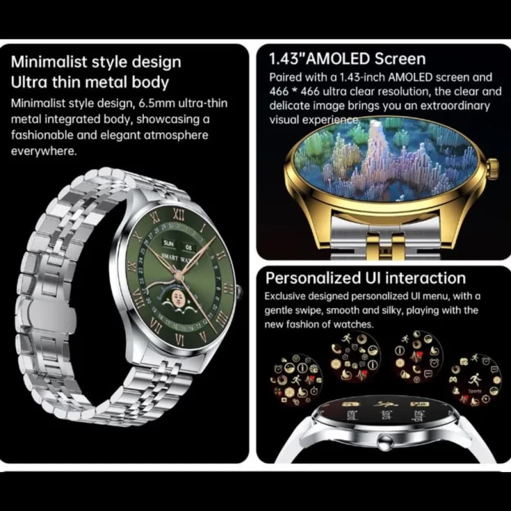 TN99 Smartwatch avec bracelet milanais rouge et bleu, écran AMOLED 1,43 pouces, boîtier métal ultra fin, cadran personnalisable et appels Bluetooth