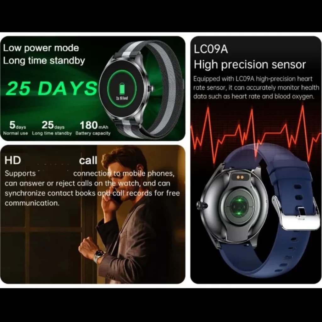 TN99 Smartwatch avec bracelet milanais rouge et bleu, écran HD rond, capteur cardiaque haute précision, appels Bluetooth, autonomie jusquà 25 jours