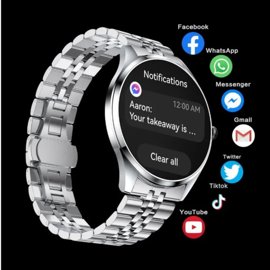 TN99 Smartwatch avec notifications et appels BT, boîtier acier argenté, écran rond noir, icônes dapps, bracelet milanais bicolore rouge et bleu
