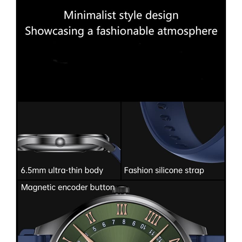TN99 Smartwatch prata com corpo ultrafino 6,5 mm, botão magnético encoder e pulseira de silicone azul; mostrador elegante, design minimalista e moderno