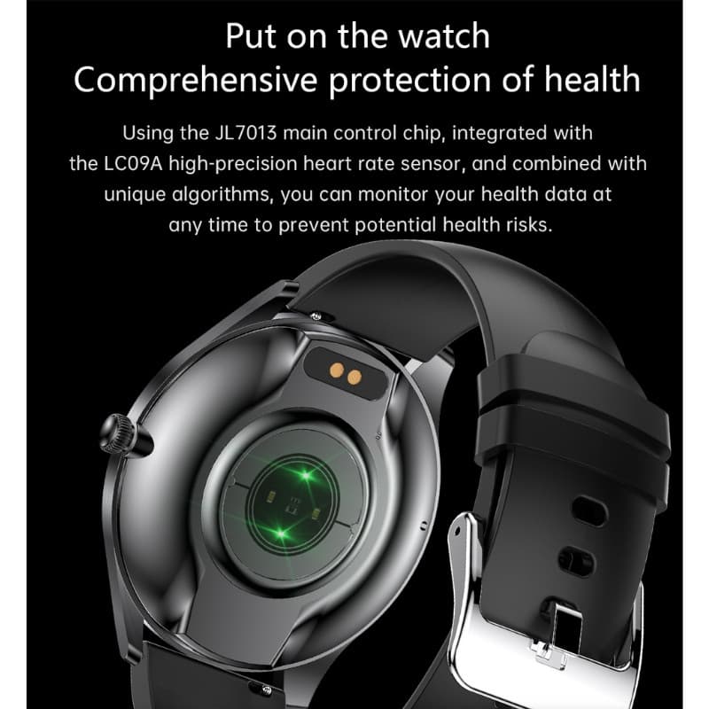 TN99 Smartwatch com pulseira de silicone prata, sensor cardíaco verde no verso, fecho metálico robusto e design preto elegante para monitorização diária
