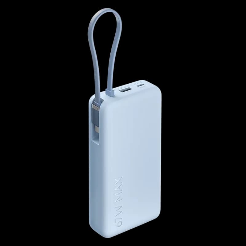 Vista a 45 grados del power bank Xiaomi en color azul con logo con el nombre y cable USB-C integrado