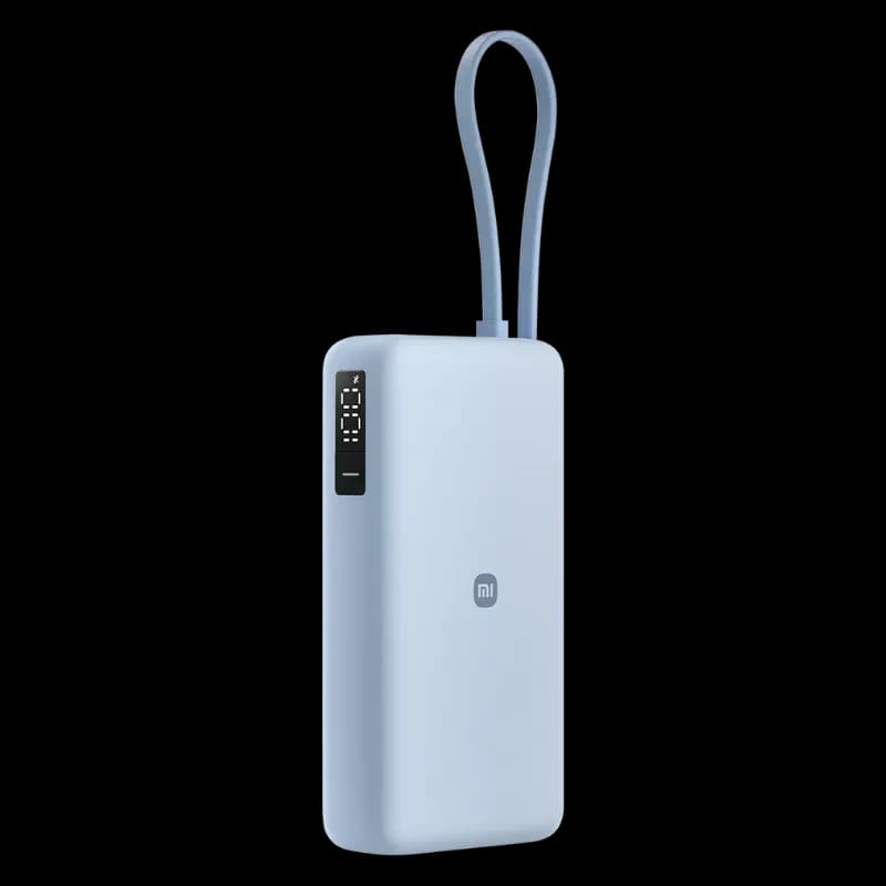 Vista lateral del power bank Xiaomi en color azul con logotipo de la marca, pantalla digital y cable USB-C integrado