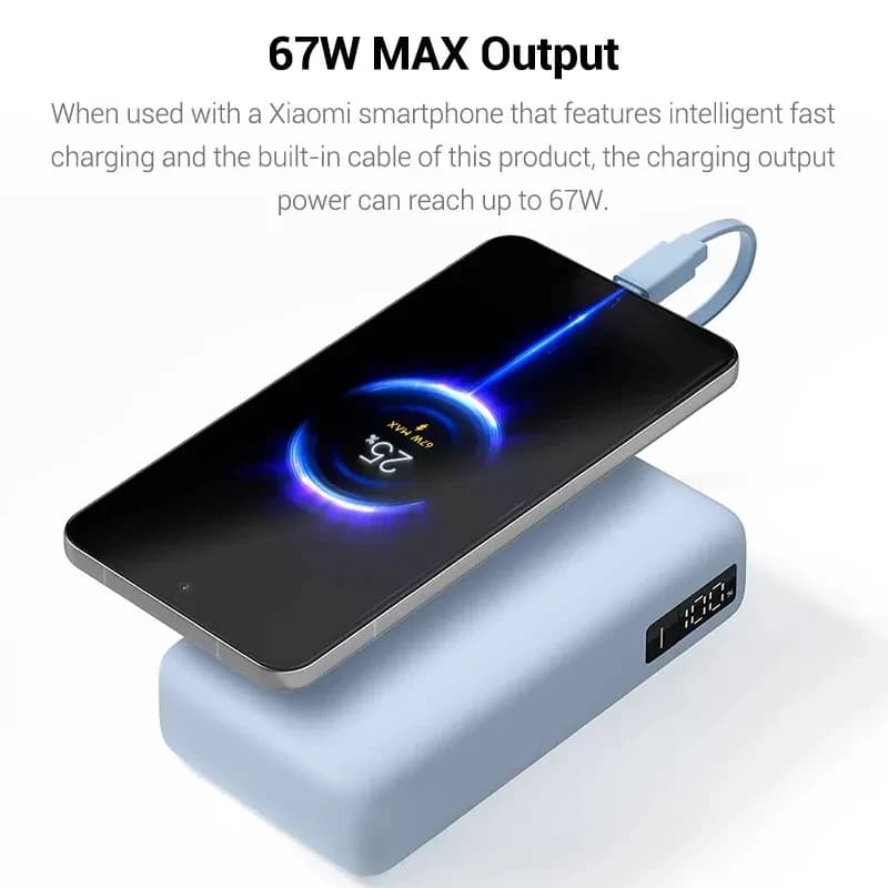 Power bank beige Xiaomi 67W 20000 mAh con cable integrado, diseño compacto, pantalla LED lateral de estado y logotipo mi al frente