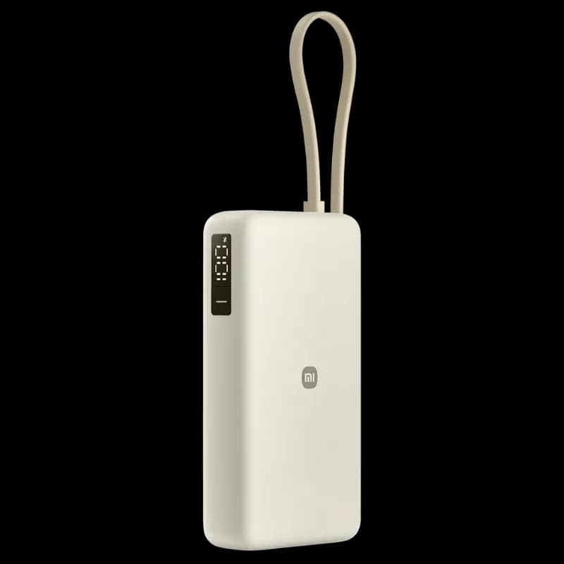 Vista lateral del power bank Xiaomi en color beige con logotipo de la marca, pantalla digital y cable USB-C integrado