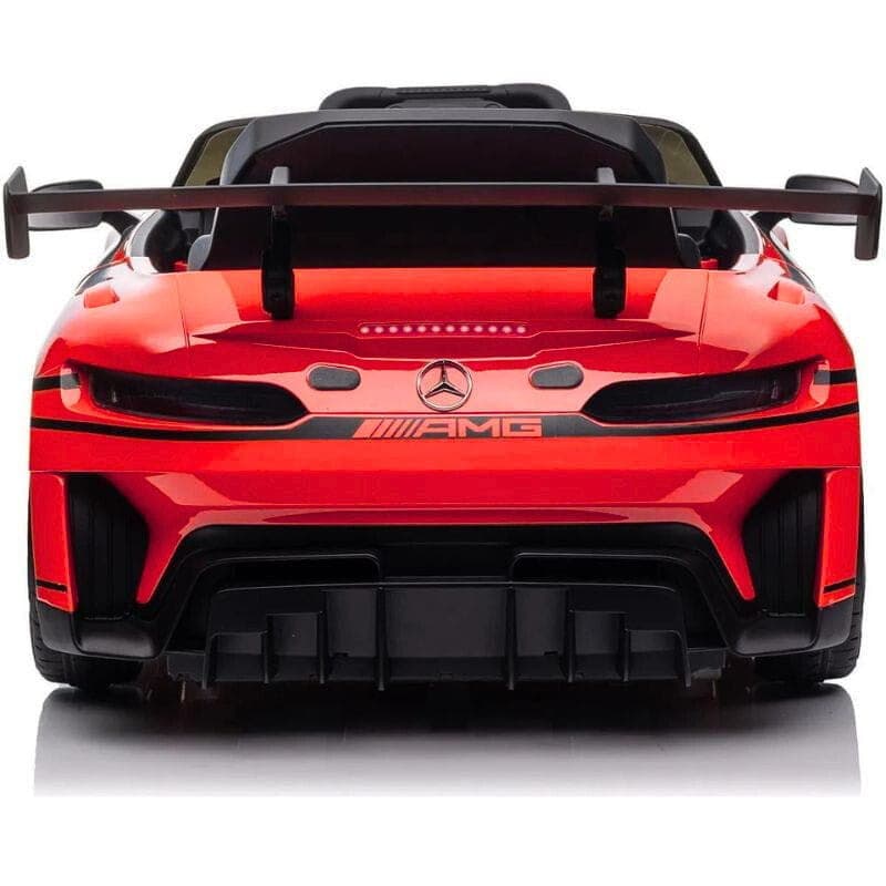 Mercedes AMG GT3 rouge pour enfants avec aileron XXL, diffuseur sportif, feux arrière LED et bandes noires, look course agressif et détails AMG