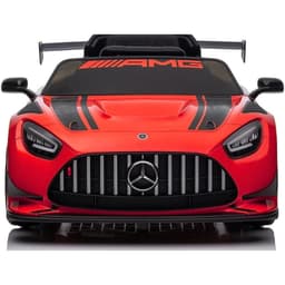 Mercedes AMG GT3 rouge pour enfants avec calandre Panamericana, bandes noires sport, aileron arrière imposant et pare-brise décoré AMG