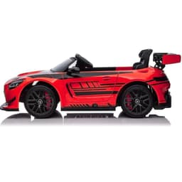 Mercedes AMG GT3 rouge pour enfants, carrosserie brillante, bandes noires sport, jantes noires, freins rouges, aileron arrière, cockpit détaillé