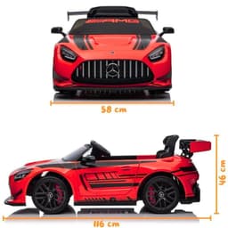 Mercedes AMG GT3 Rouge pour enfants, carrosserie rouge métallisée, ailes sport, calandre AMG, jantes noires, aileron arrière, dimensions 116 x 58 x 46 cm
