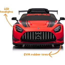 Mercedes AMG GT3 rouge pour enfants avec calandre AMG chromée, phares LED, pneus EVA, bandes noires sport et aileron arrière agressif