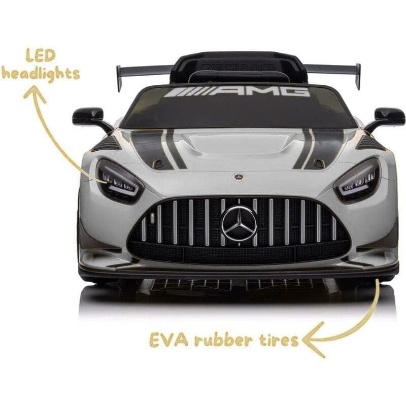 Mercedes AMG GT3 gris pour enfants avec phares LED, calandre sport, aileron arrière et pneus EVA antidérapants pour conduite stable et stylée