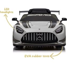 Mercedes AMG GT3 gris pour enfants avec phares LED, calandre sport, aileron arrière et pneus EVA antidérapants pour conduite stable et stylée