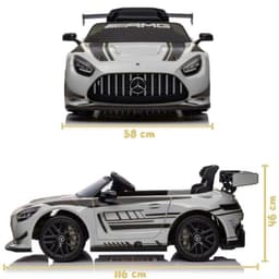 Mercedes AMG GT3 gris pour enfants, voiture électrique avec ailes sport, calandre AMG, jantes noires, sièges baquets, détails dorés, 116 x 58 x 46 cm