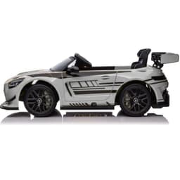 Mercedes AMG GT3 gris pour enfants, cabriolet électrique avec aileron arrière, jantes sport noires, détails dorés, siège unique et volant réaliste