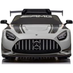 Mercedes AMG GT3 gris pour enfants avec calandre Panamericana, lignes sport noires, aileron arrière massif et pare-brise marqué AMG