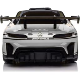 Mercedes AMG GT3 gris pour enfants, avant agressif, logo AMG, grand aileron, LED frontales, diffuseur sport, détails réalistes, style course miniature