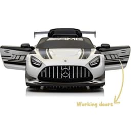 Mercedes AMG GT3 Blanc pour enfants, style course avec calandre AMG, bandes noires, aileron arrière, portes ouvrantes et phares LED réalistes