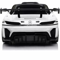 Mercedes AMG GT3 Blanc pour enfants, vue arrière agressive avec aileron XXL, diffuseur sport, logo étoile, bandes noires et feux LED affinés