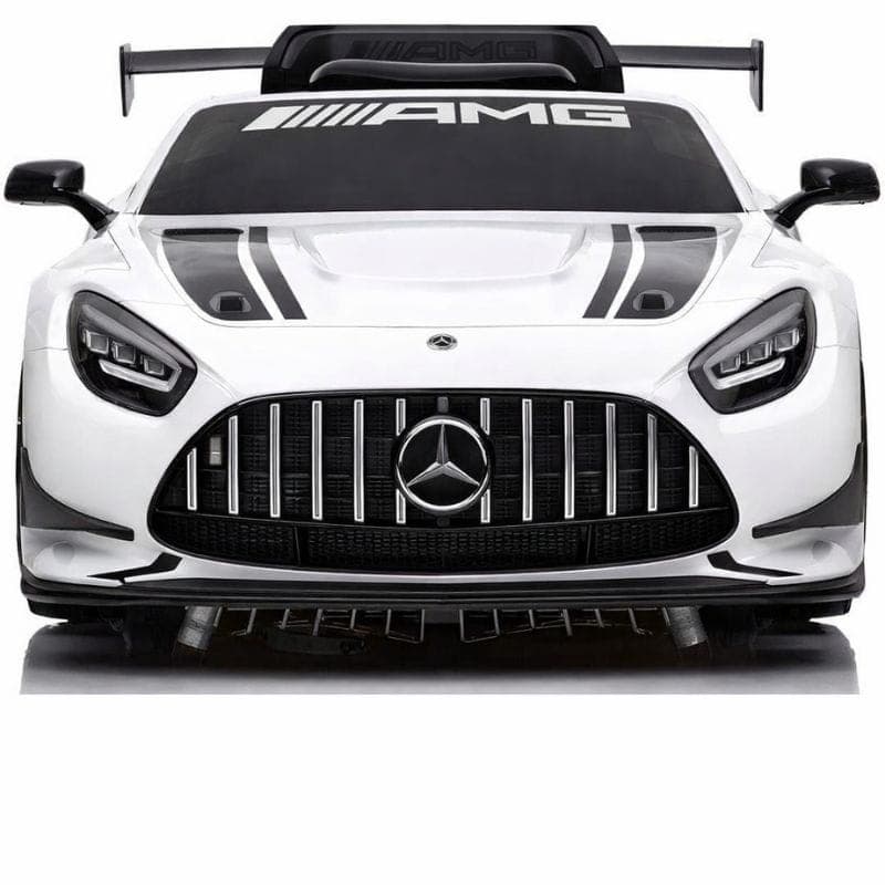 Mercedes AMG GT3 Blanc pour enfants avec calandre Panamericana, bandes noires sport, aile arrière imposante, phares LED et look course agressif