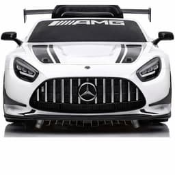 Mercedes AMG GT3 Blanc pour enfants avec calandre Panamericana, bandes noires sport, aile arrière imposante, phares LED et look course agressif
