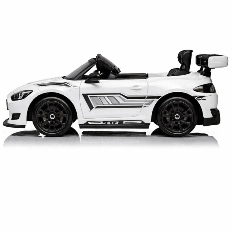 Mercedes AMG GT3 Blanc pour enfants, cabriolet électrique avec carrosserie blanche, stickers sport, jantes noires, aileron arrière et siège baquet